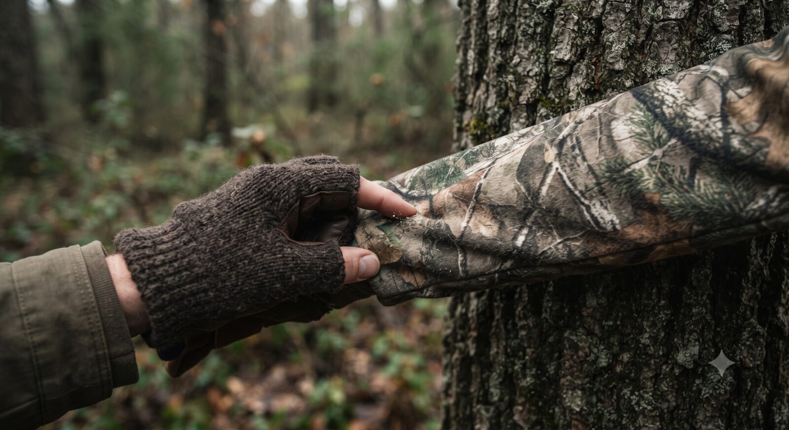 Hand testing camo jacket fabric against tree bark for noise