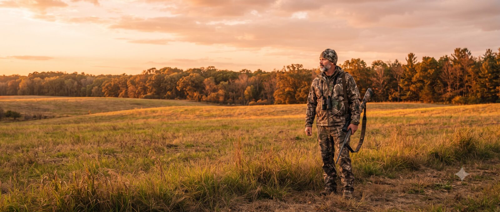 Hunter in camo standing at the edge of an open field at golden hour, looking toward tree line
