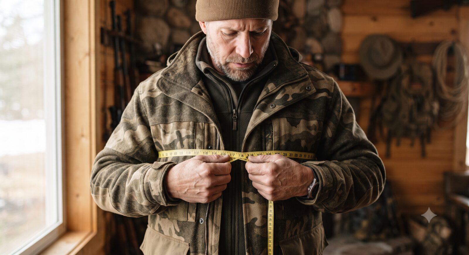 Hunter using a tape measure to check chest measurement over a hunting jacket