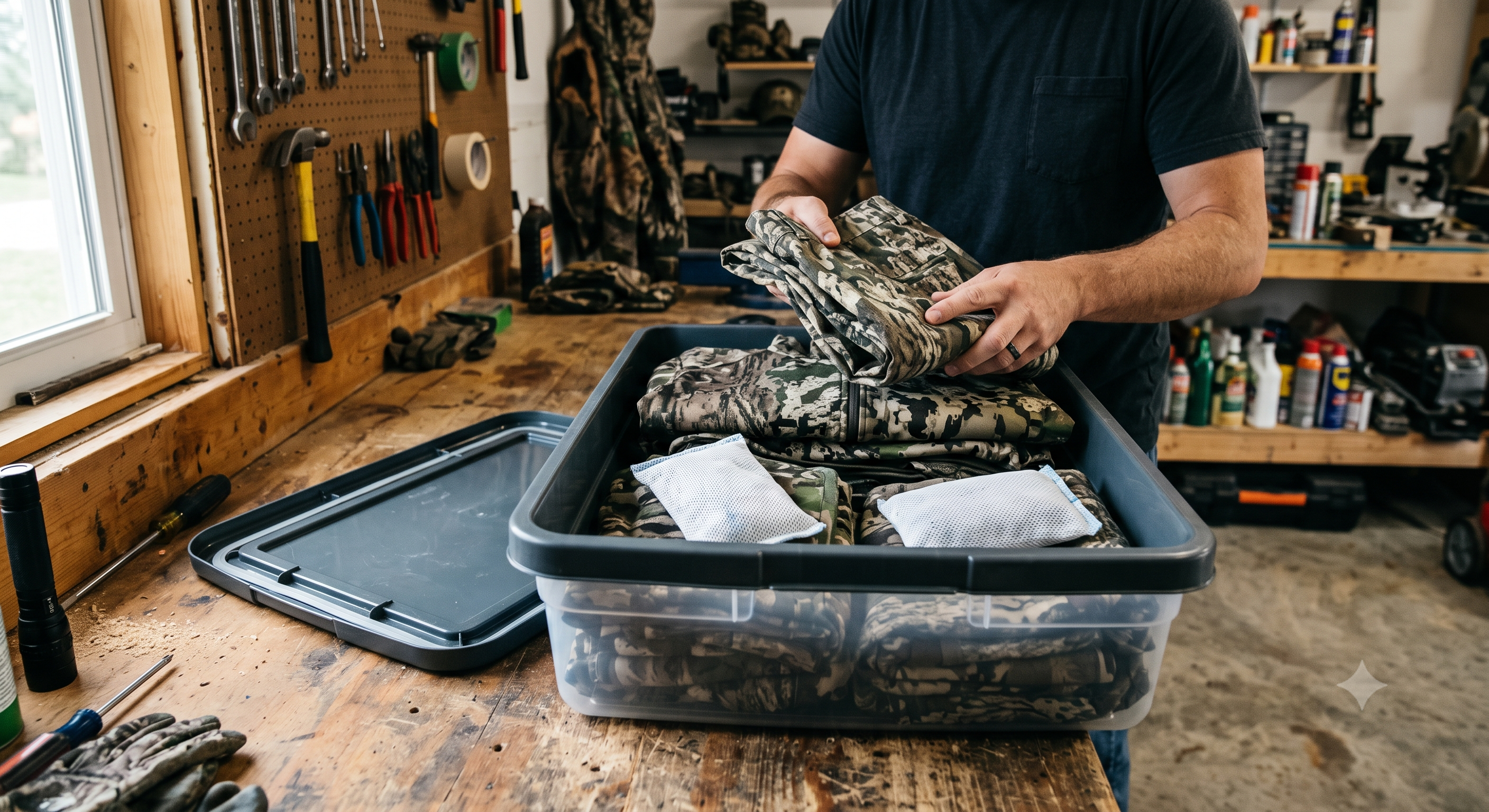 Hunter's scent control clothing and gear stored sealed in a scent-free storage tote