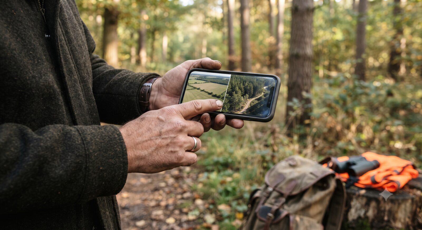 Hunter comparing open field and dense forest terrain photos on a smartphone