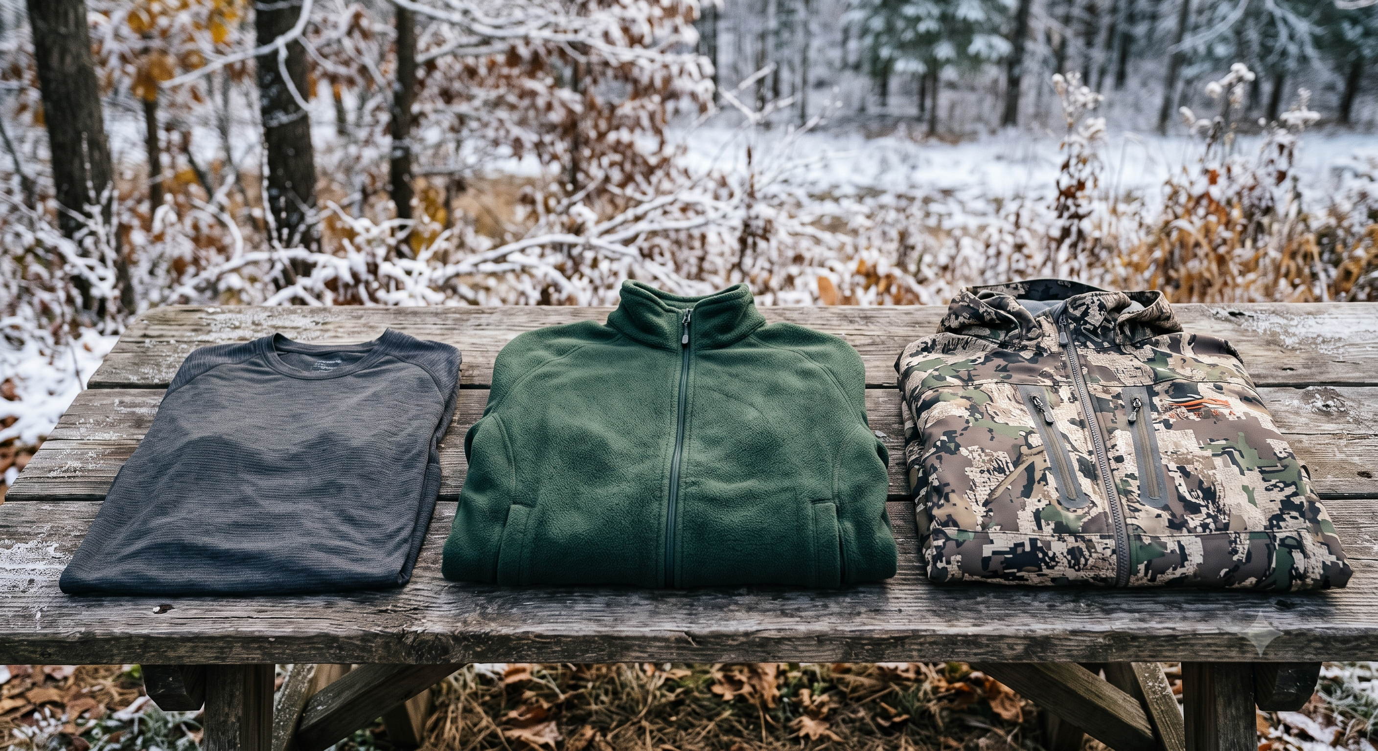 Hunter demonstrating three-layer cold weather clothing system laid out separately, base mid and outer layers
