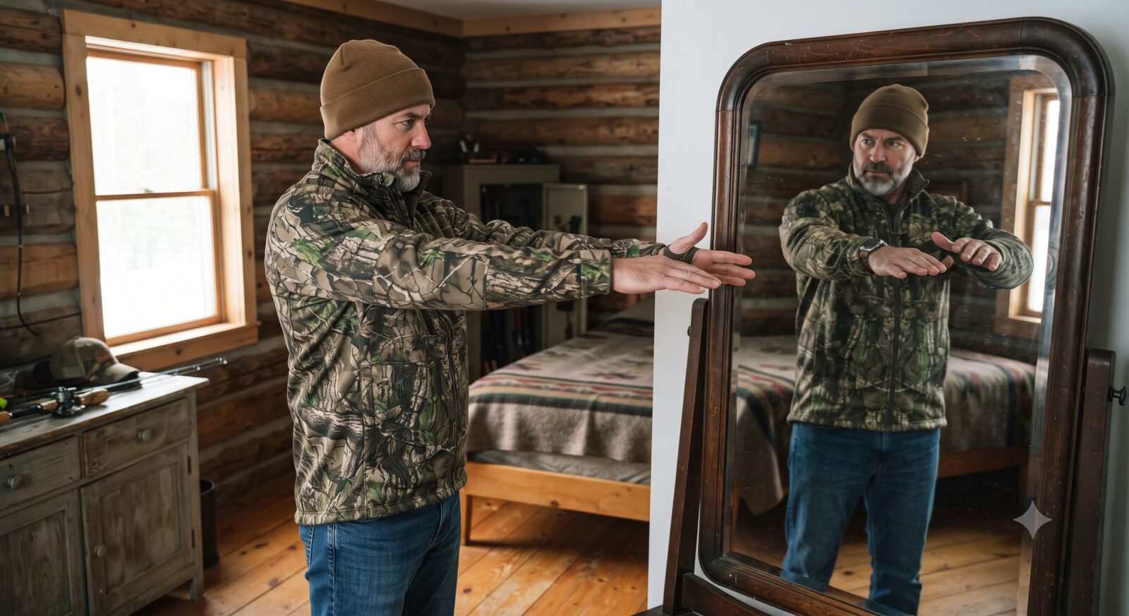 Hunter trying on a camo jacket in front of a mirror, checking sleeve length