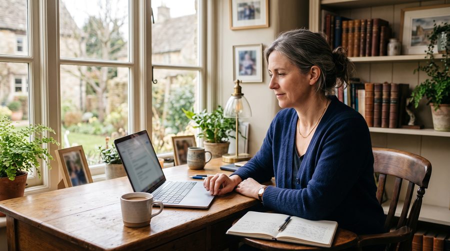 Small business owner sitting at a desk, reviewing AI tools