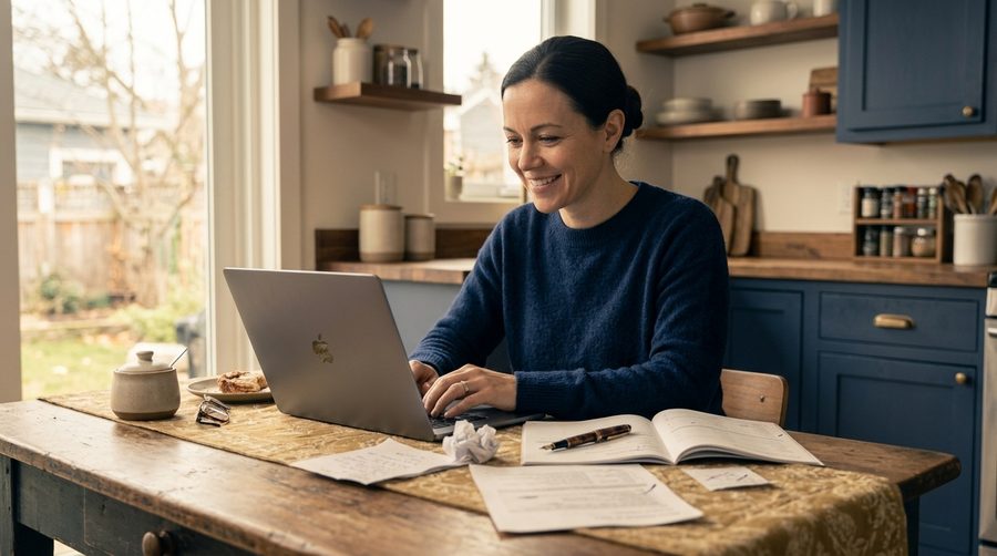 Small business owner smiling at a laptop after a better second attempt