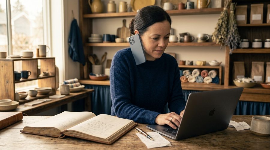 Solo shop owner juggling a phone call while working on a laptop