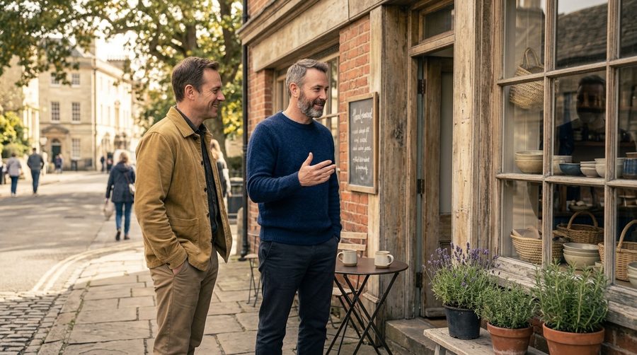 Two small business owners having a casual conversation outside a storefront
