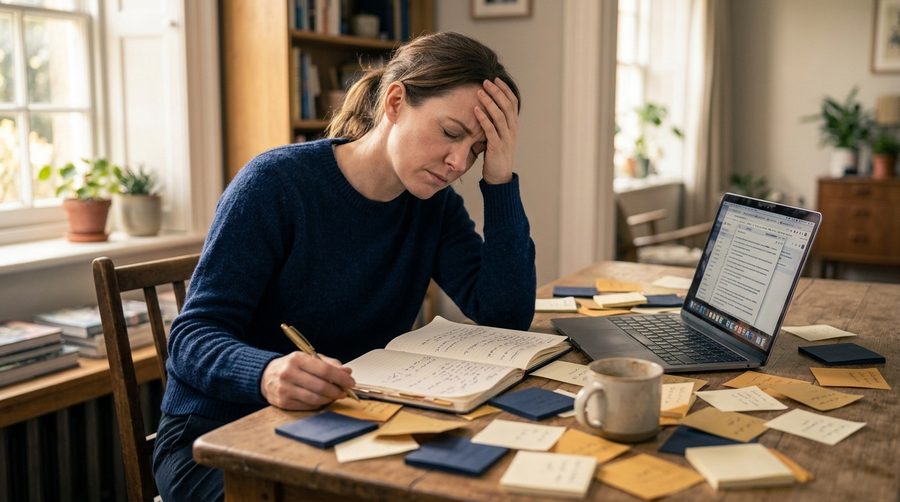 Overwhelmed person at a desk surrounded by sticky notes and an open laptop