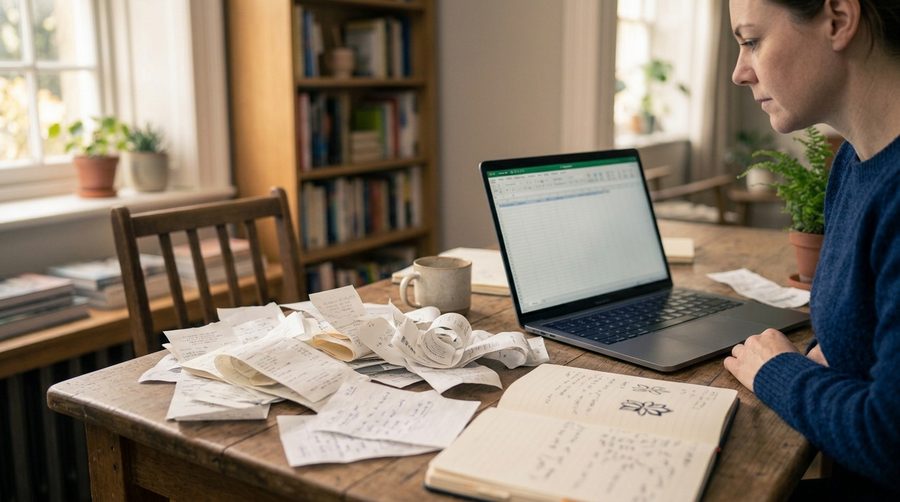 Desk covered in paper receipts and notes next to an open laptop