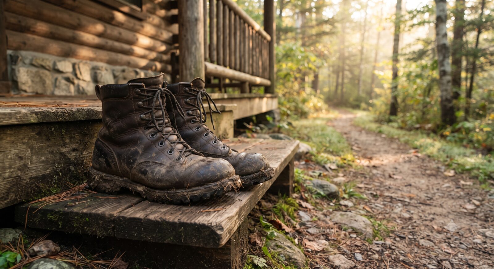 A pair of worn leather hunting boots sitting on a porch step next to a walking trail