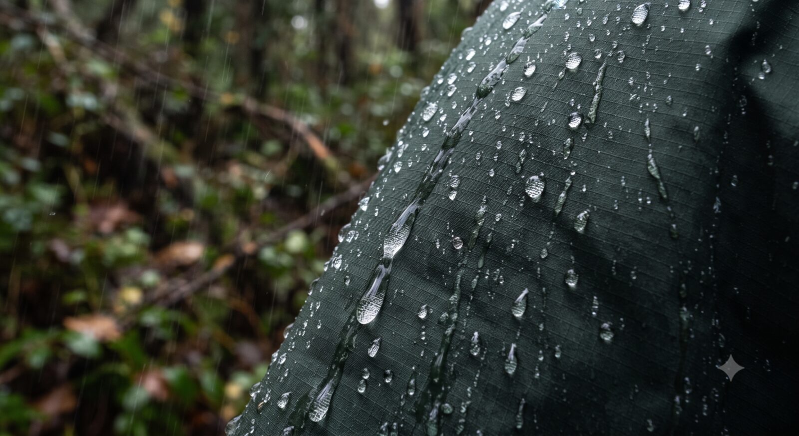 Close-up of water droplets beading and rolling off the surface of a technical rain jacket fabric