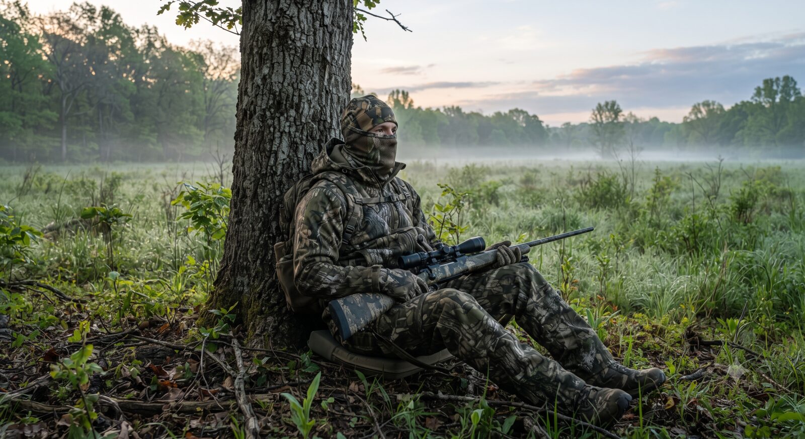 A hunter in full camo wearing a mesh face mask and camo gloves sitting against a tree at the edge of a field at dawn