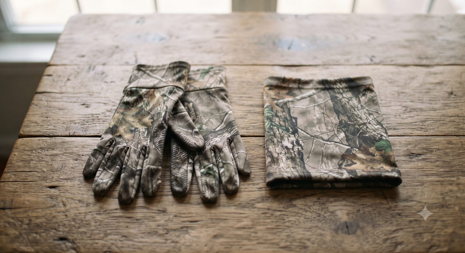 A pair of thin camo hunting gloves and a camo neck gaiter face covering laid out on a wooden table