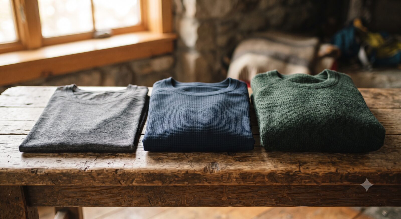 Three folded technical base layer shirts of visibly different thicknesses arranged side by side